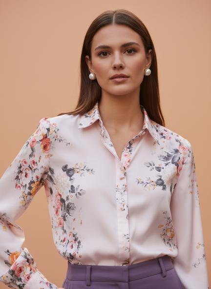 Satin Digital Print Puff Sleeve Shirt