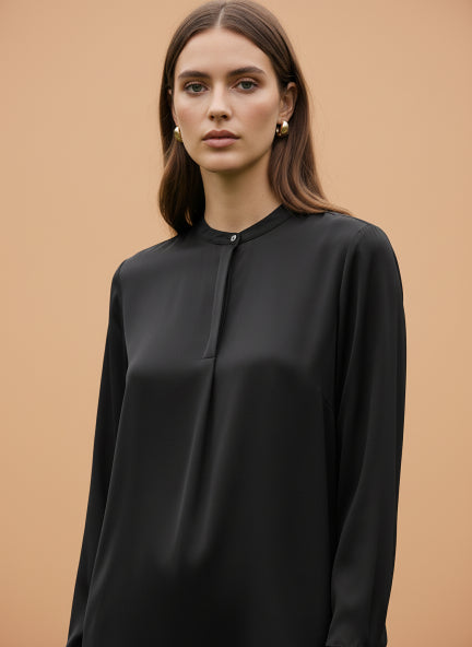 Summer Satin Black Front Pleated Tunic