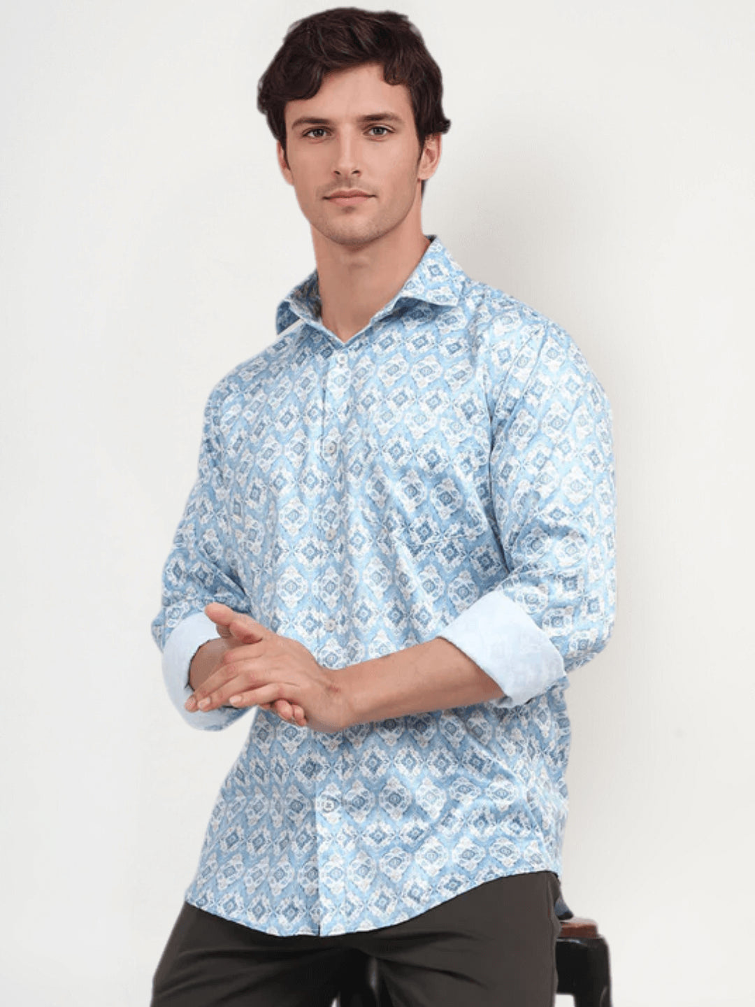 Men'S Poly Satin Lycra Mint Green Digital Printed Shirt