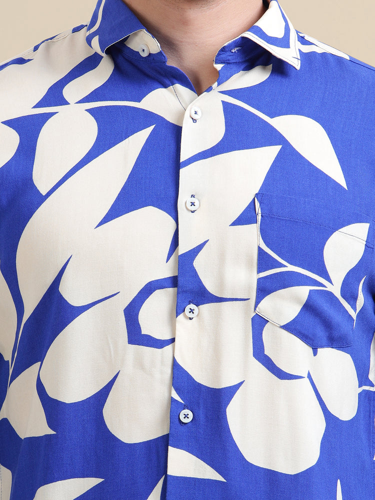 Men'S Premium Rayon Shirt With Blue Floral Print