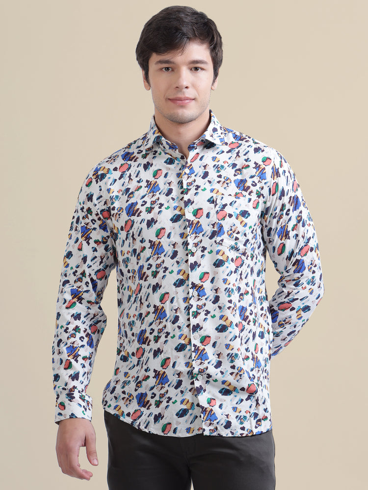 Men'S Premium White Printed Rayon Shirt