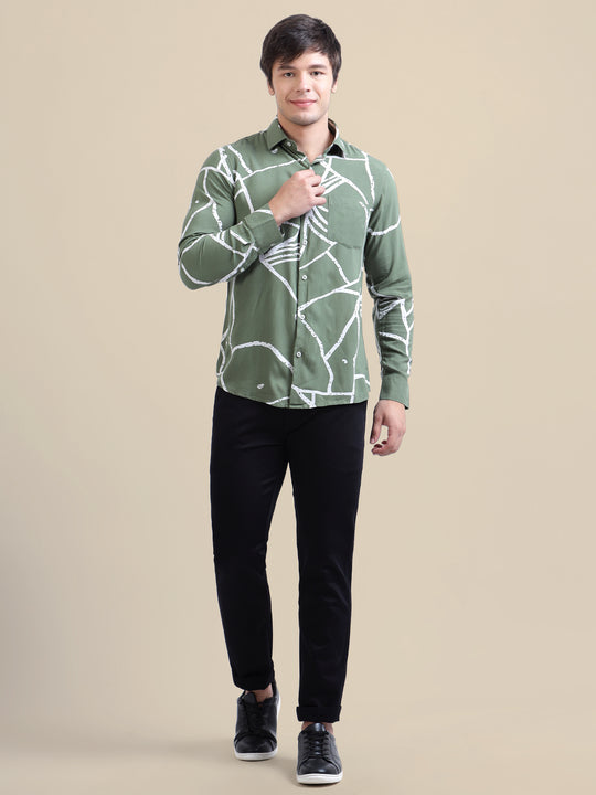 Men'S Premium Rayon Shirt With Jungle Print In Full Sleeve And Black Color