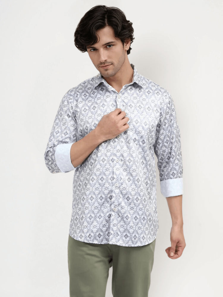 Men'S Poly Satin Lycra Grey Digital Printed Shirt