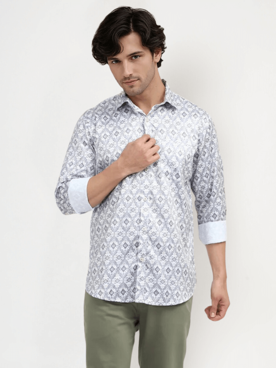 Men'S Poly Satin Lycra Grey Digital Printed Shirt