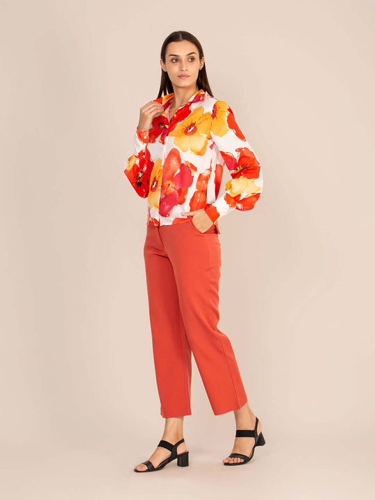 Women'S Premium Multi Digital Print Shirt With Rust Red Straight Fit Trouser