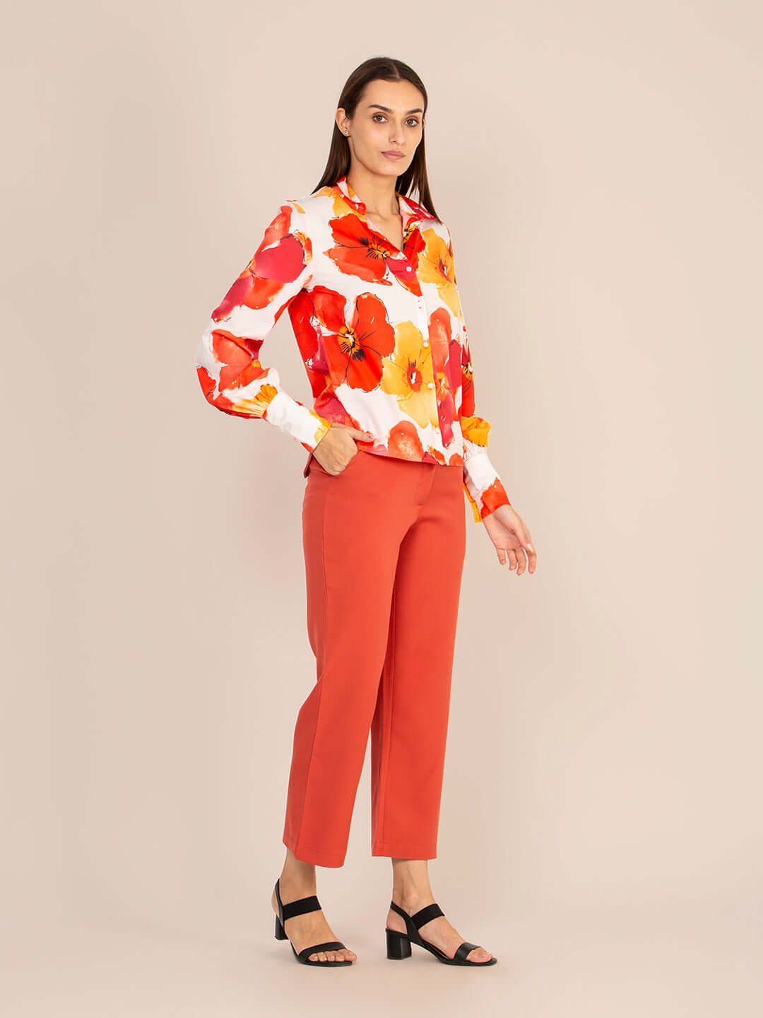 Women'S Premium Multi Digital Print Shirt With Rust Red Straight Fit Trouser