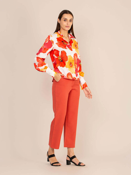 Women'S Premium Multi Digital Print Shirt With Rust Red Straight Fit Trouser