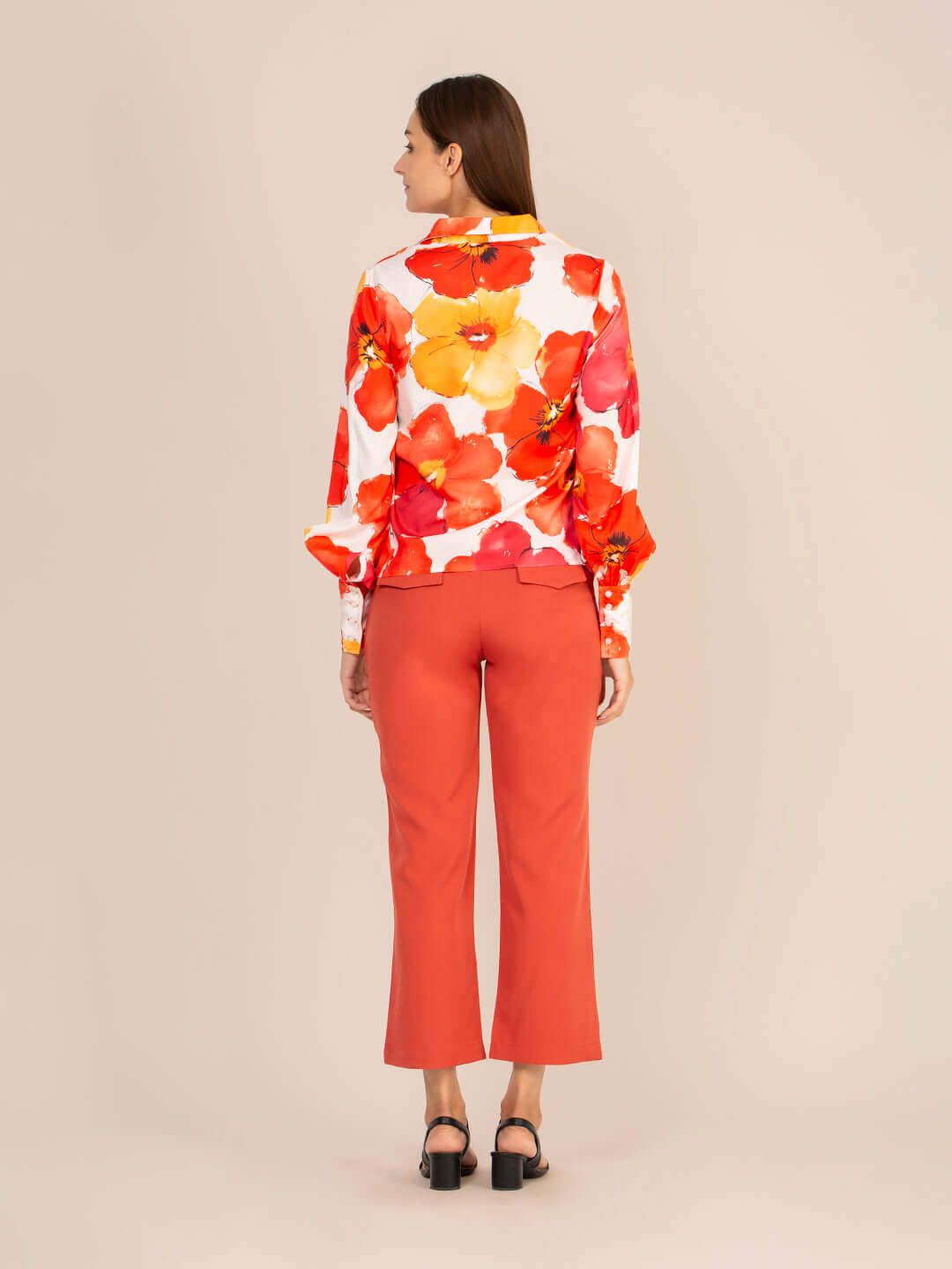 Women'S Premium Multi Digital Print Shirt With Rust Red Straight Fit Trouser