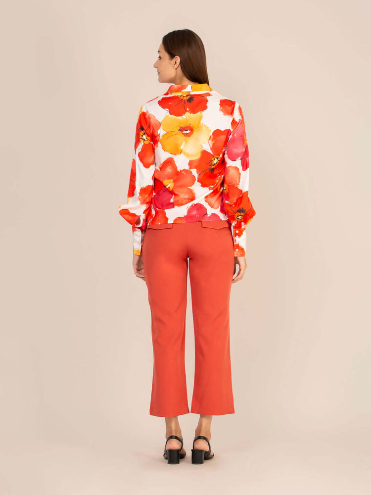 Women'S Premium Multi Digital Print Shirt With Rust Red Straight Fit Trouser