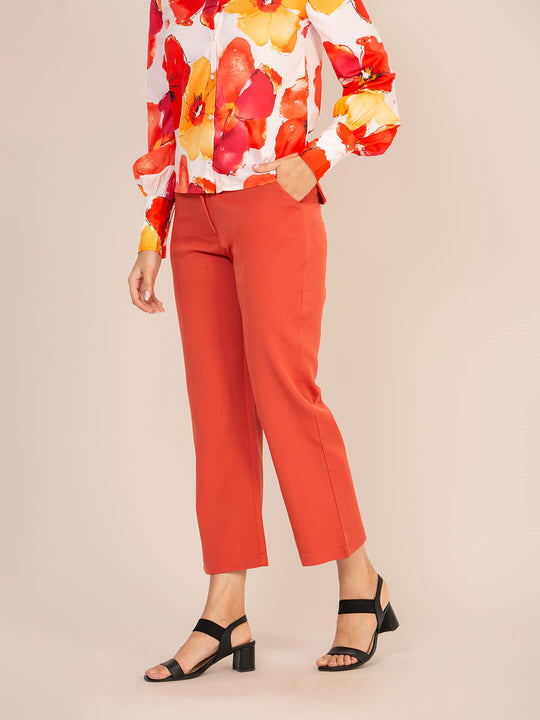 Women'S Premium Multi Digital Print Shirt With Rust Red Straight Fit Trouser