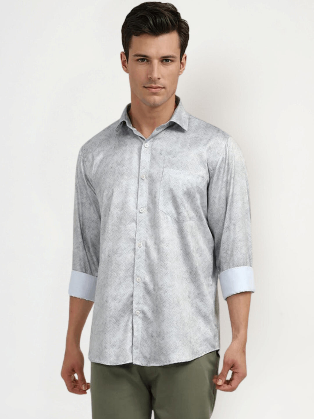Men'S Poly Satin Lycra Grey Digital Printed Shirt