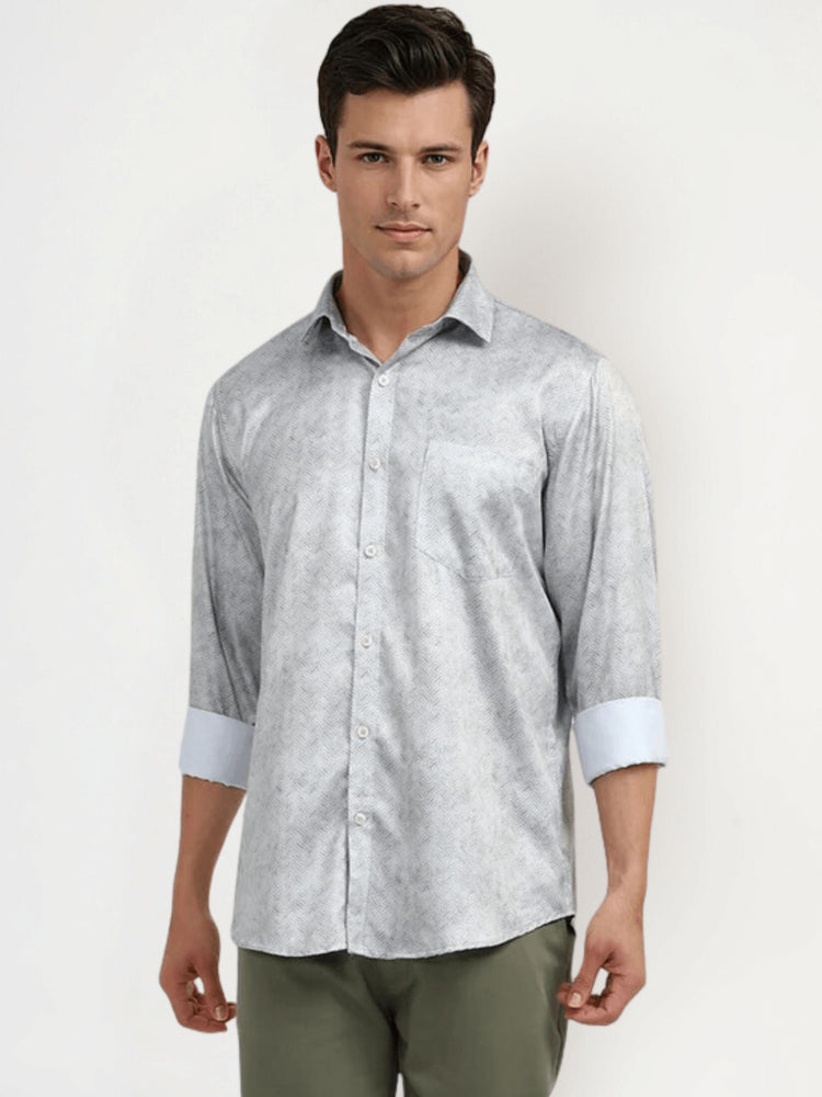 Men'S Poly Satin Lycra Grey Digital Printed Shirt