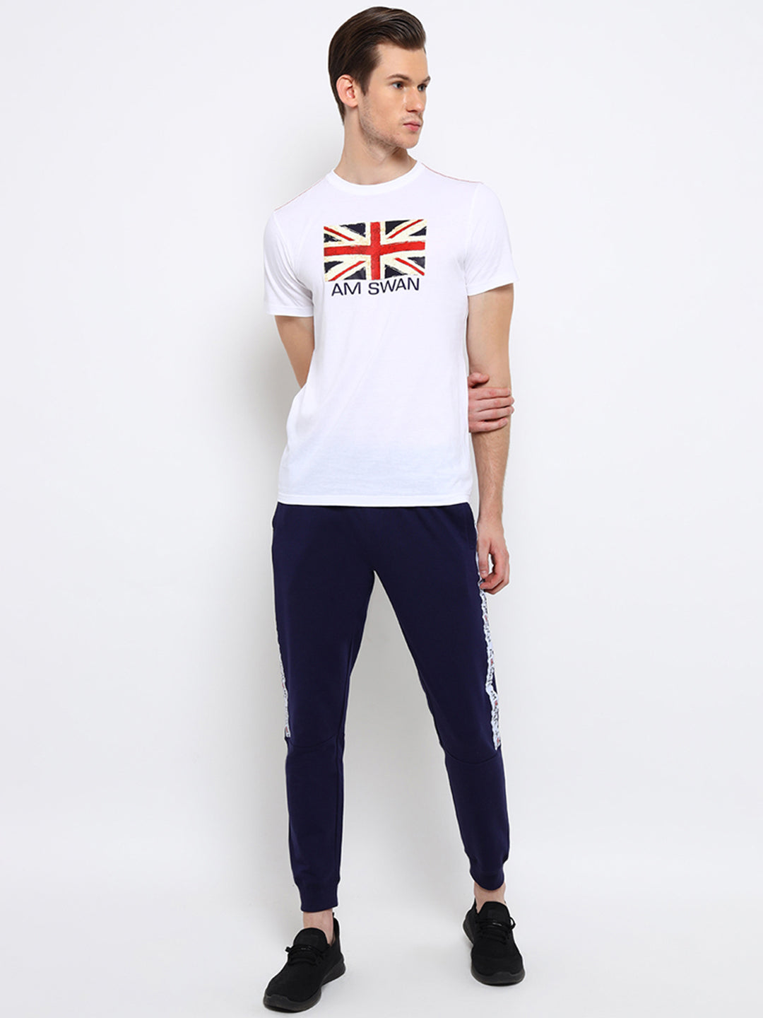 Mens Cotton Rich Lycra Track Pant With Side Printed Tape