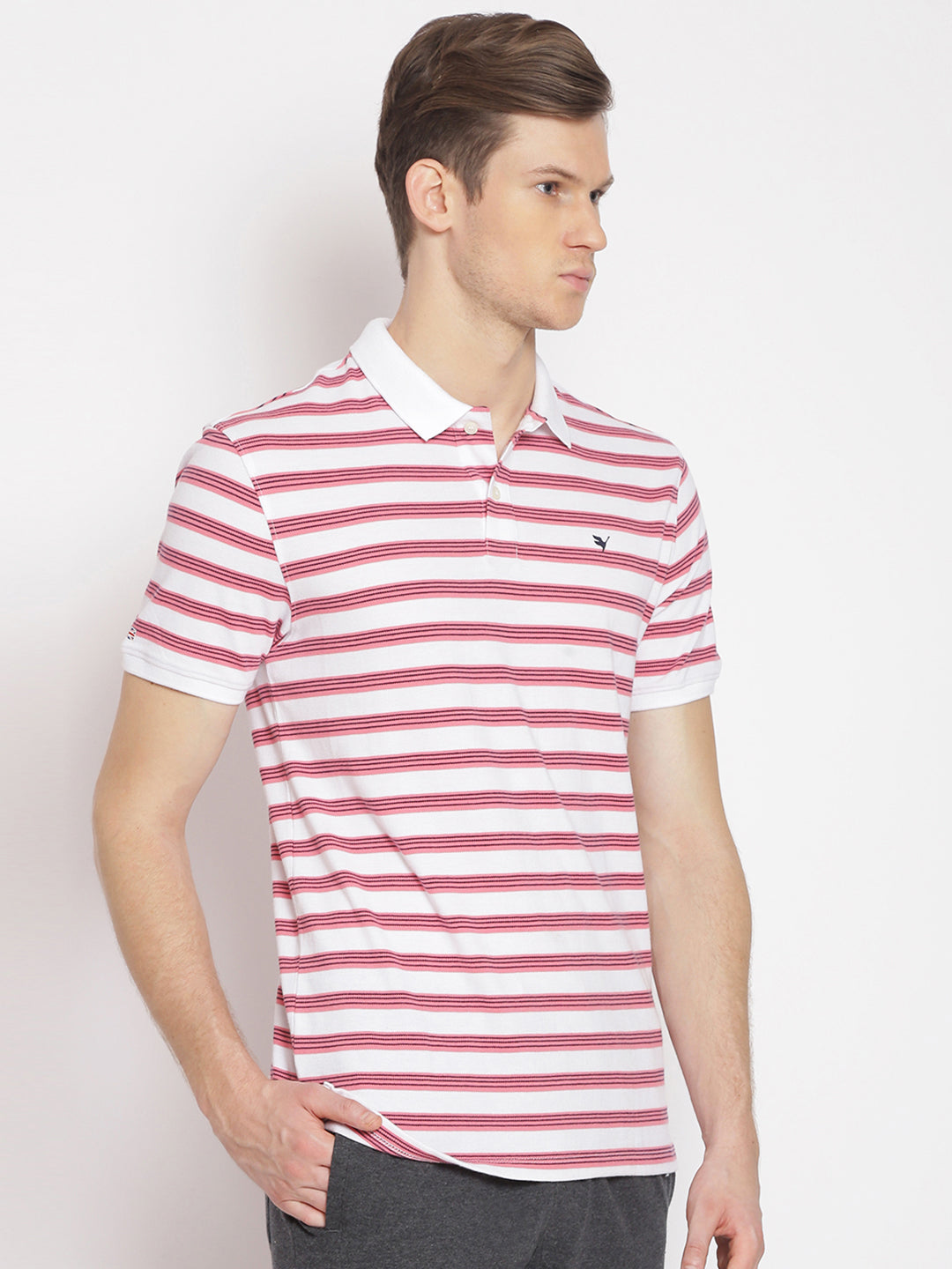 Men'S Pink Striped Half Sleeve Polo
