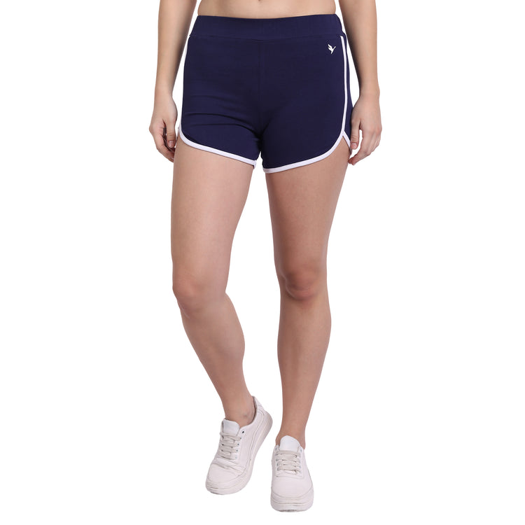 WOMENS PREMIUM NAVY COTTON LYCRA SMART FIT ELASTICATED SHORTS