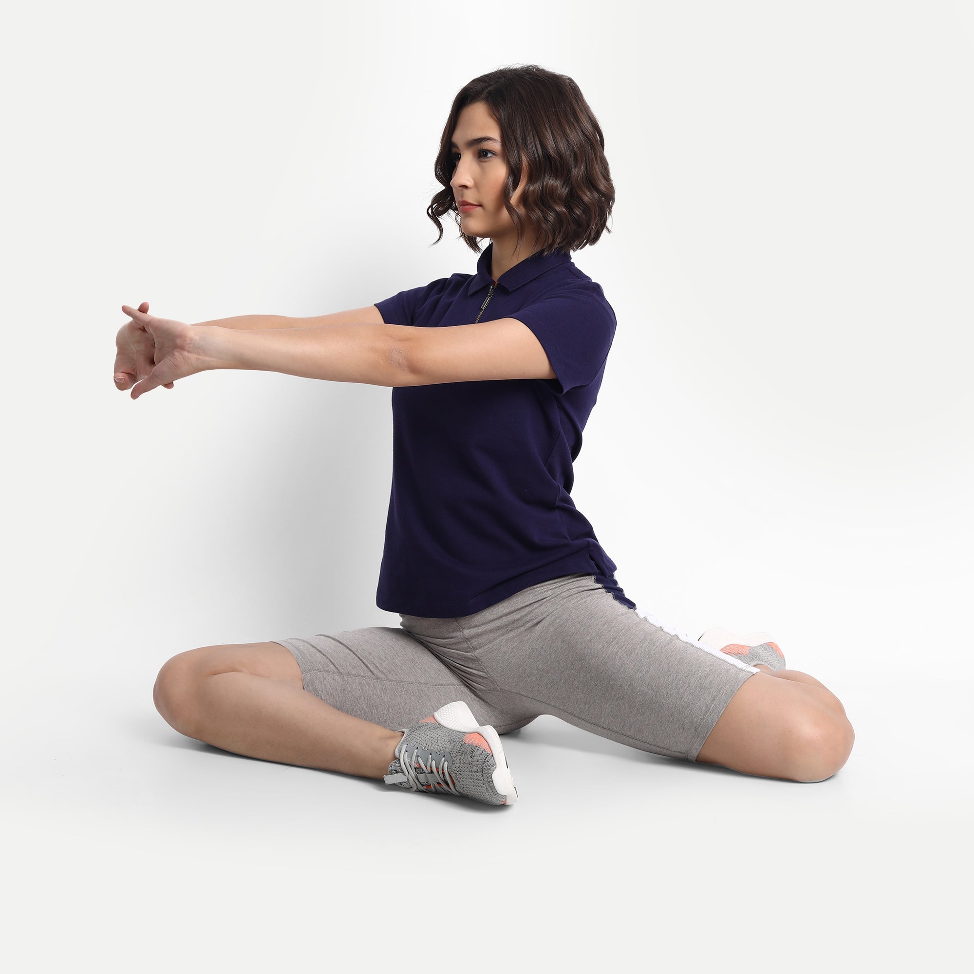 WOMENS PREMIUM GREY & NAVY COTTON LYCRA SMART FIT SHORTS