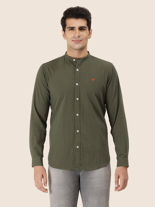 Premium Men'S Crinkle Cotton Shirt | Olive