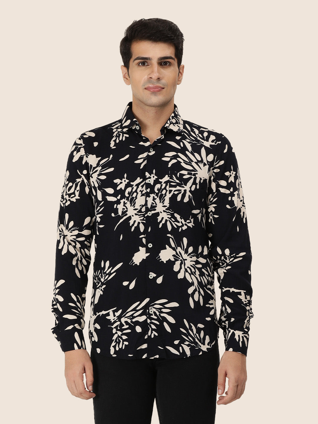 Men'S Premium Rayon Shirt With Navy Floral Print