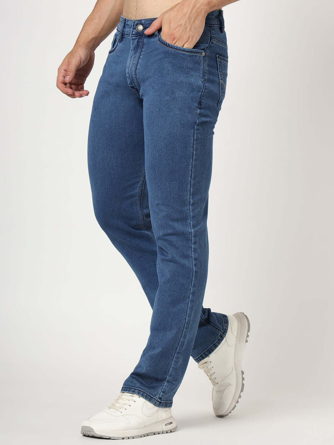 Premium Men'S Blue Mid Wash Relaxed Fit Jeans