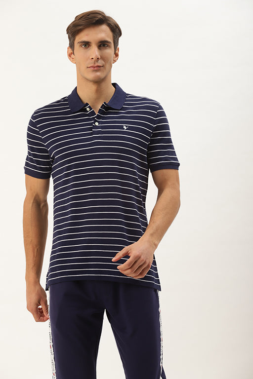Premium Navy Cotton Striped Half Sleeve Polo
