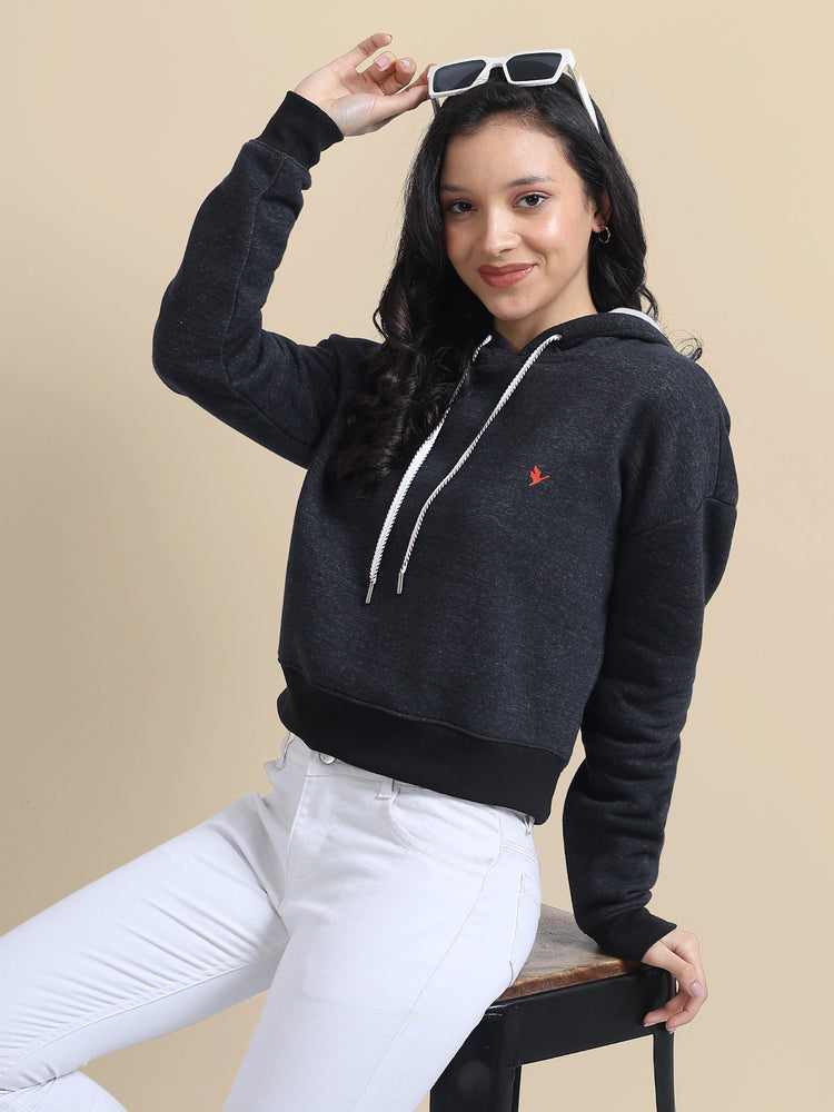 Amswan Women'S Black Solid Full Sleeve Hoodie