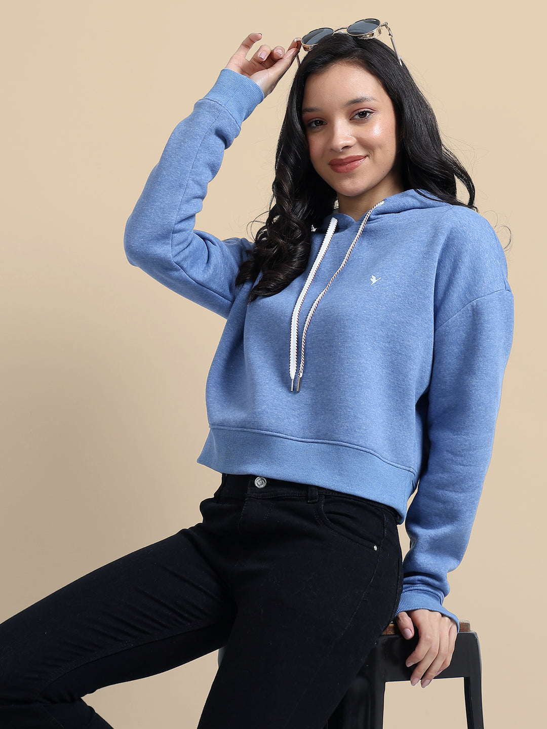 Amswan Women'S Blue Solid Full Sleeve Hoodie