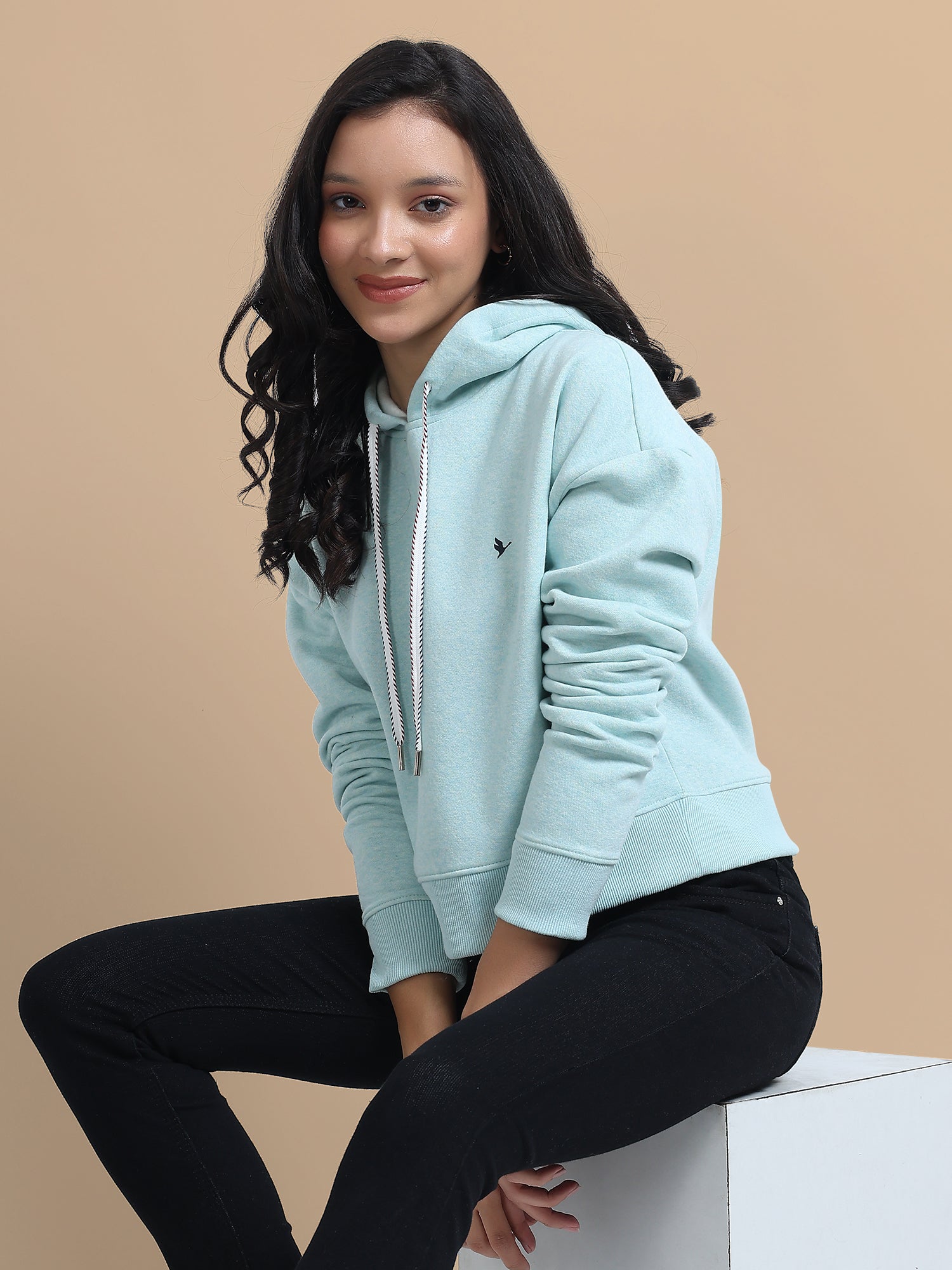 Amswan Women'S Aqua Solid Full Sleeve Hoodie