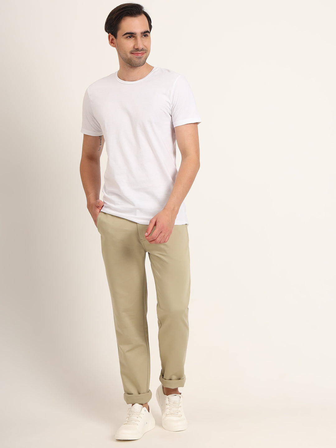 Premium Cotton Stretch Khakhi Solid Men'S Regular Fit Trouser