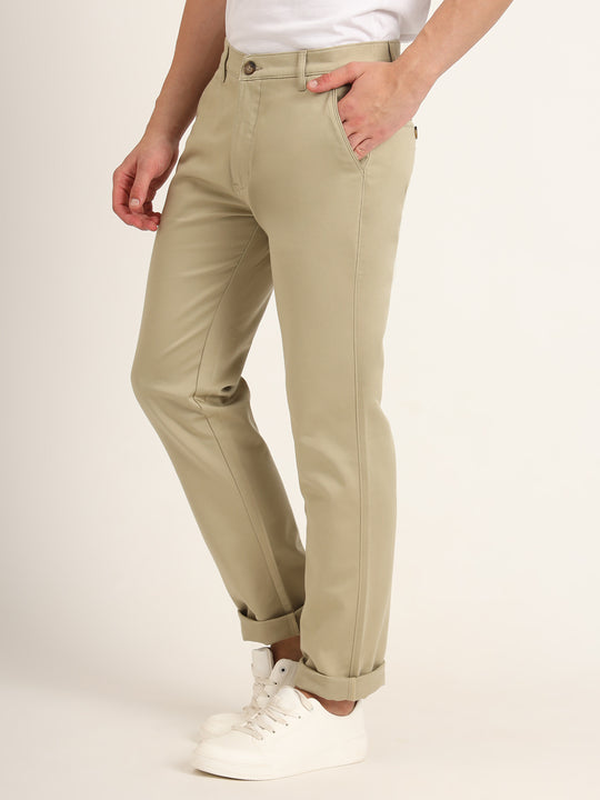 Premium Cotton Stretch Khakhi Solid Men'S Regular Fit Trouser