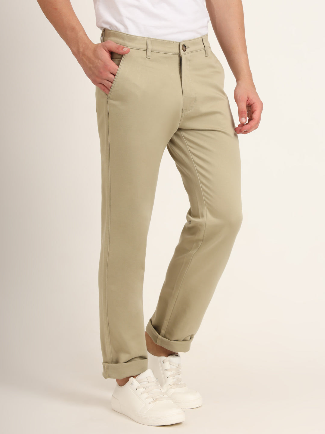 Premium Cotton Stretch Khakhi Solid Men'S Regular Fit Trouser
