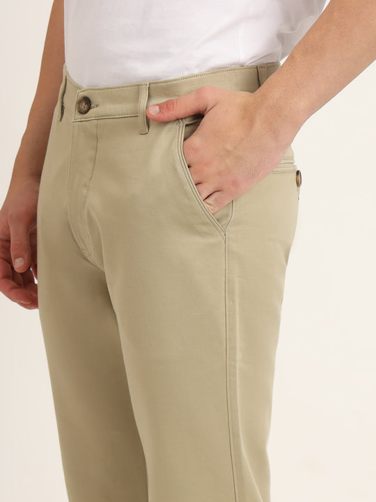 Premium Cotton Stretch Khakhi Solid Men'S Regular Fit Trouser