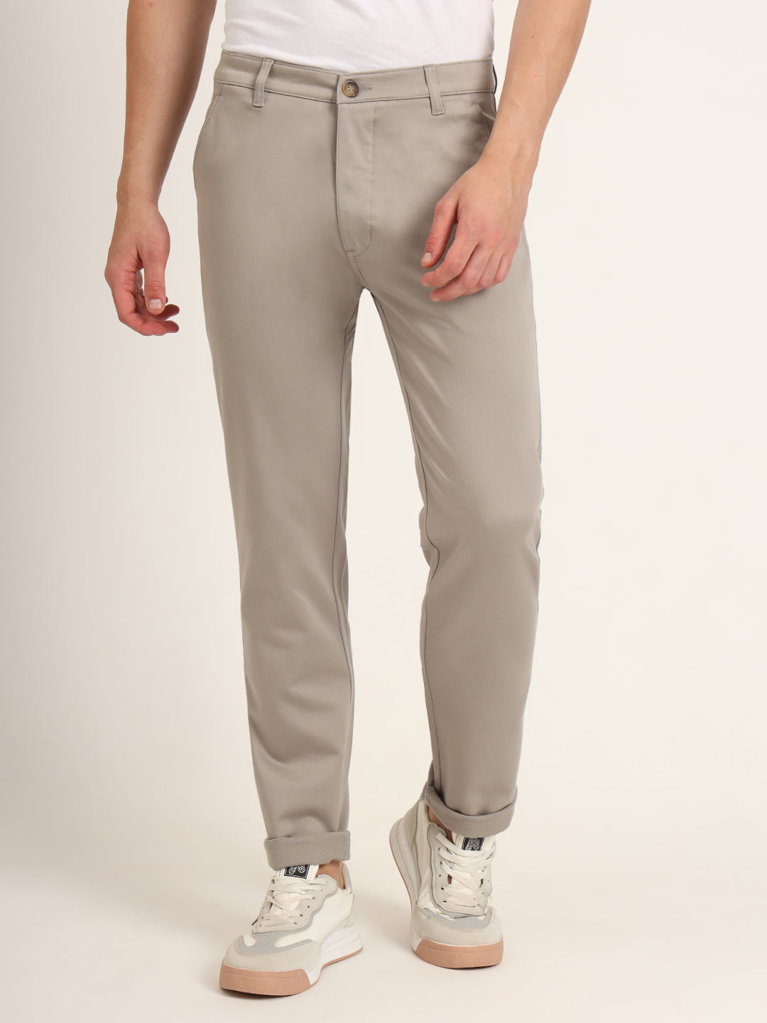 Premium Cotton Stretch Smoke Grey Solid Men'S Regular Fit Trouser