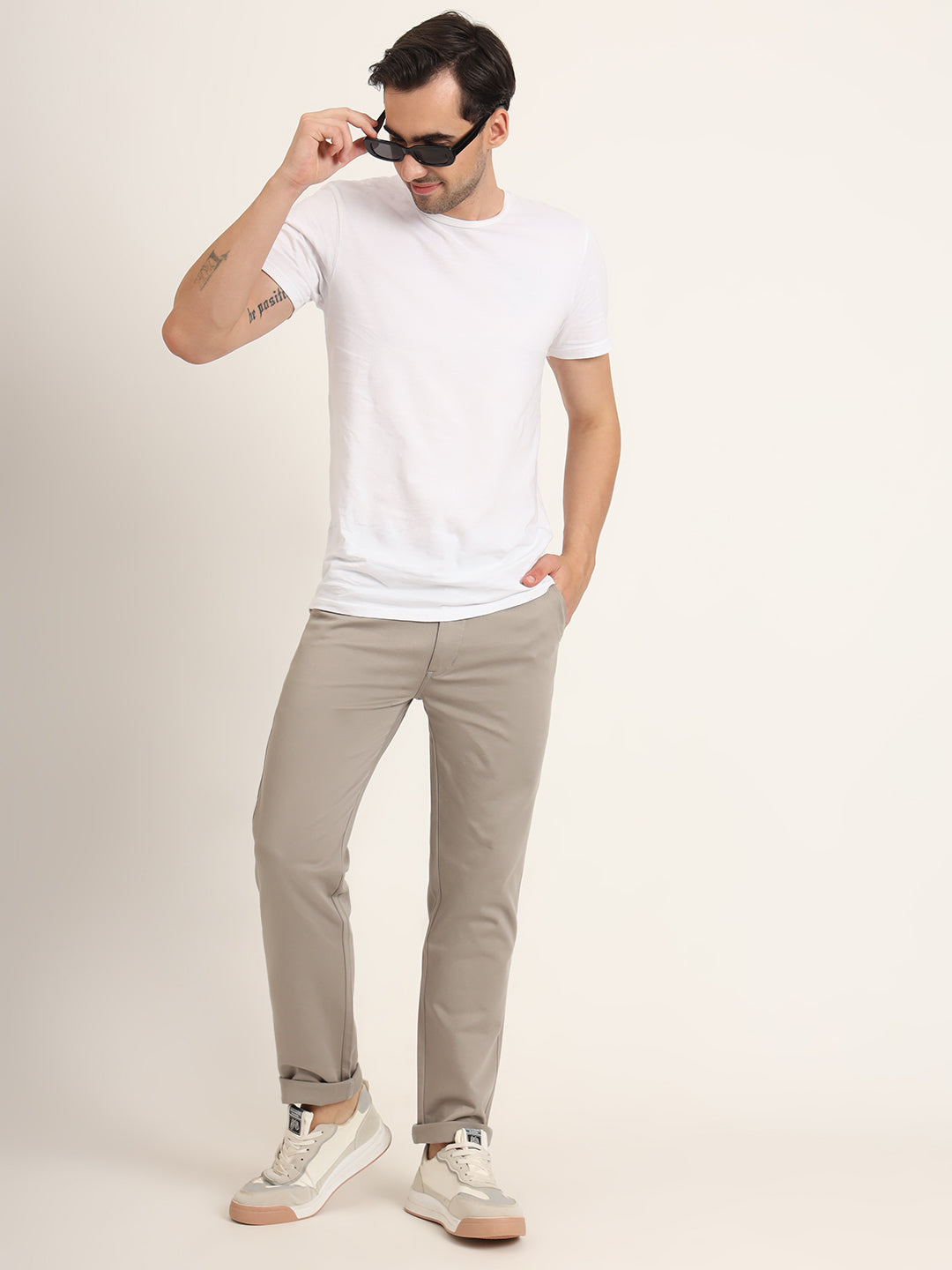 Premium Cotton Stretch Smoke Grey Solid Men'S Regular Fit Trouser