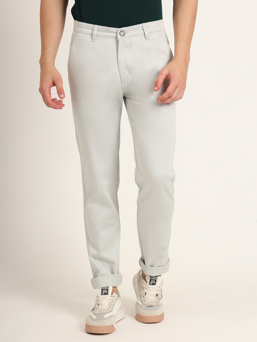 Premium Cotton Stretch Light Grey Solid Men'S Regular Fit Trouser