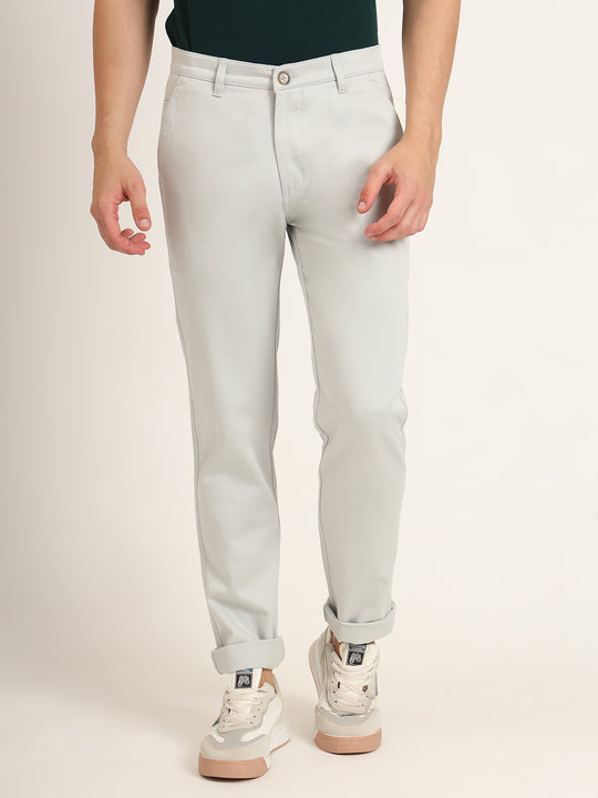 Premium Cotton Stretch Light Grey Solid Men'S Regular Fit Trouser
