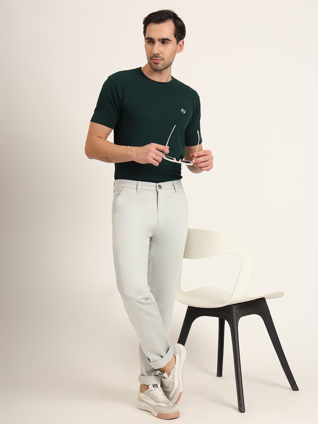 Premium Cotton Stretch Light Grey Solid Men'S Regular Fit Trouser