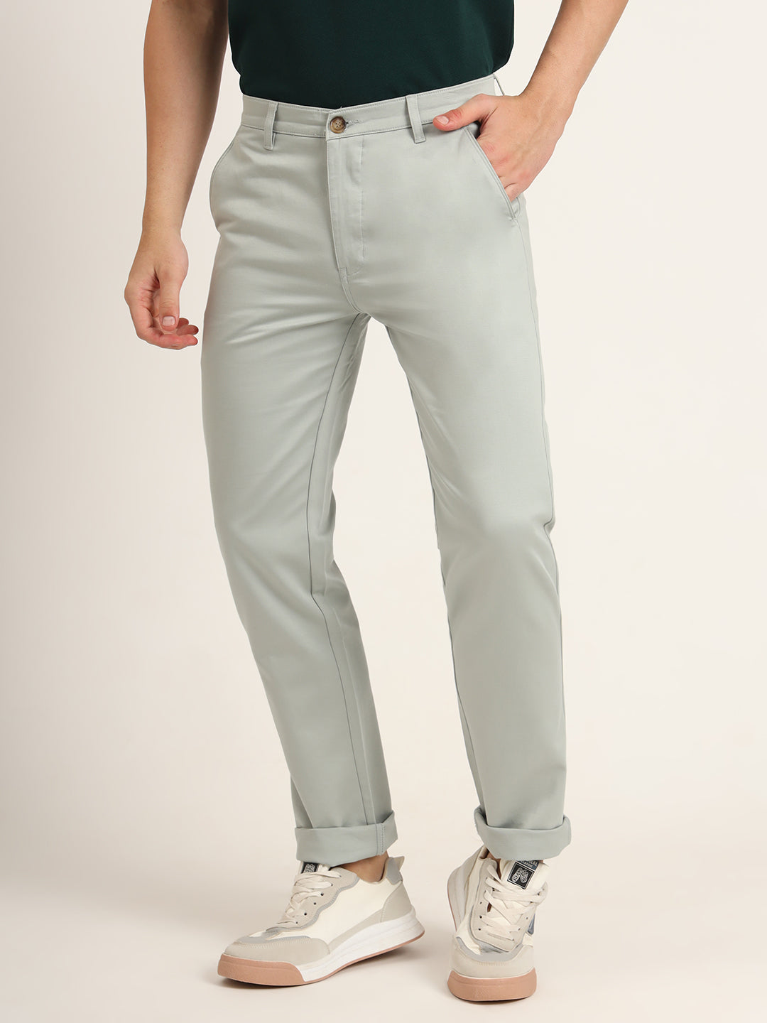 Premium Cotton Stretch Light Cyan Solid Men'S Regular Fit Trouser