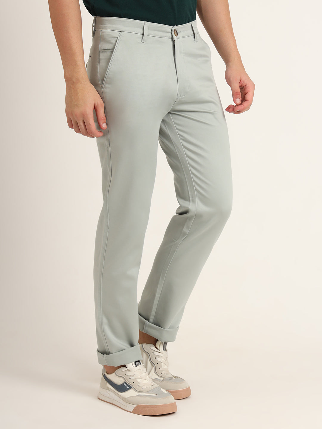 Premium Cotton Stretch Light Cyan Solid Men'S Regular Fit Trouser