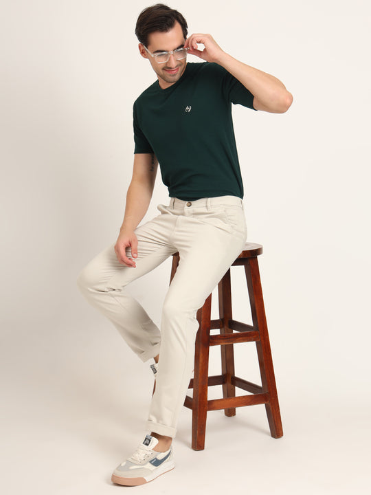 Premium Cotton Stretch Beige Solid Men'S Regular Fit Trouser