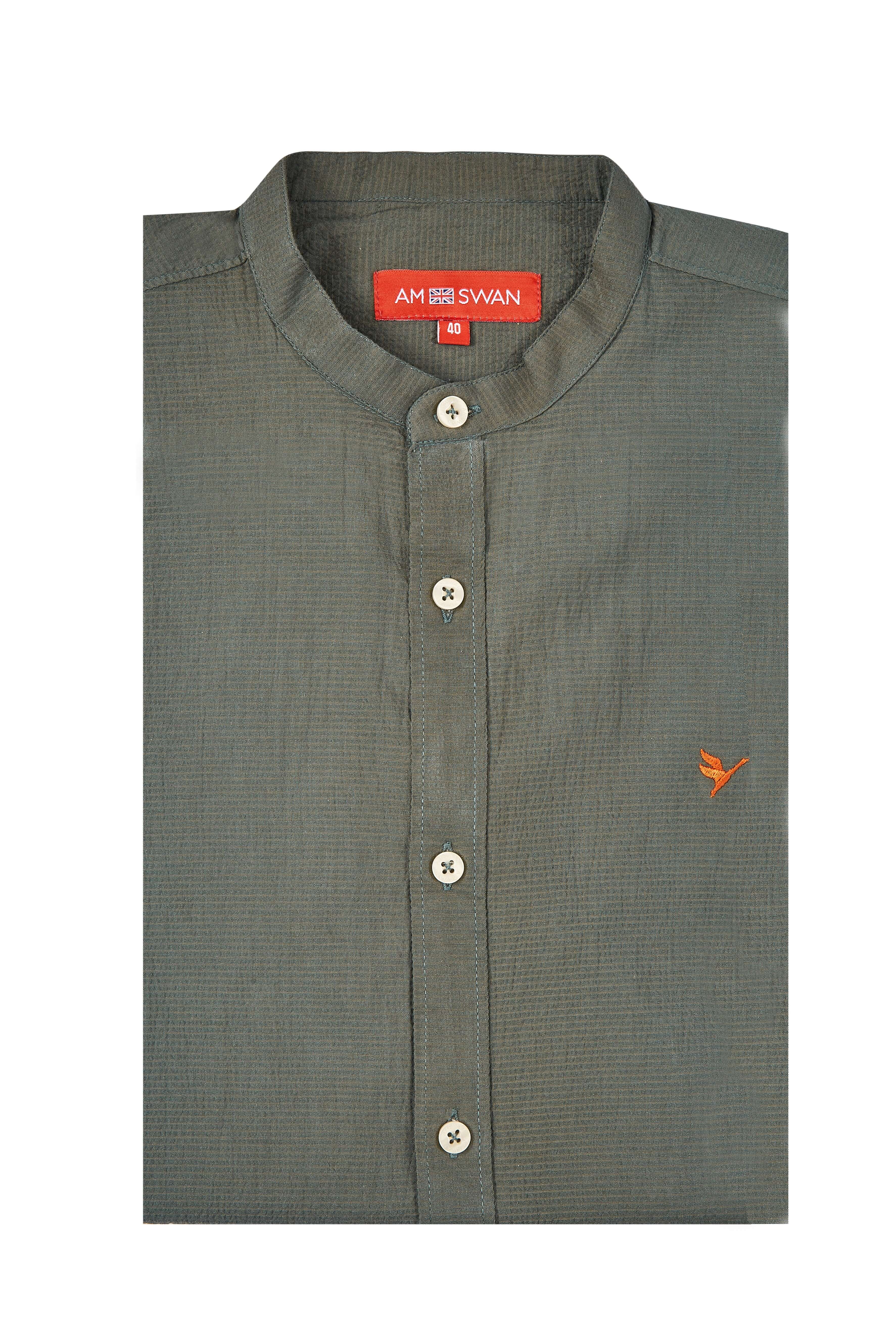 Amswan Premium Men'S Grey Crinkle Cotton Shirt - Mandarin Collar, Long Sleeves