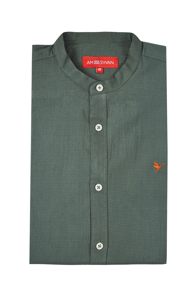 Amswan Premium Men'S Green Crinkle Cotton Shirt - Mandarin Collar, Long Sleeves