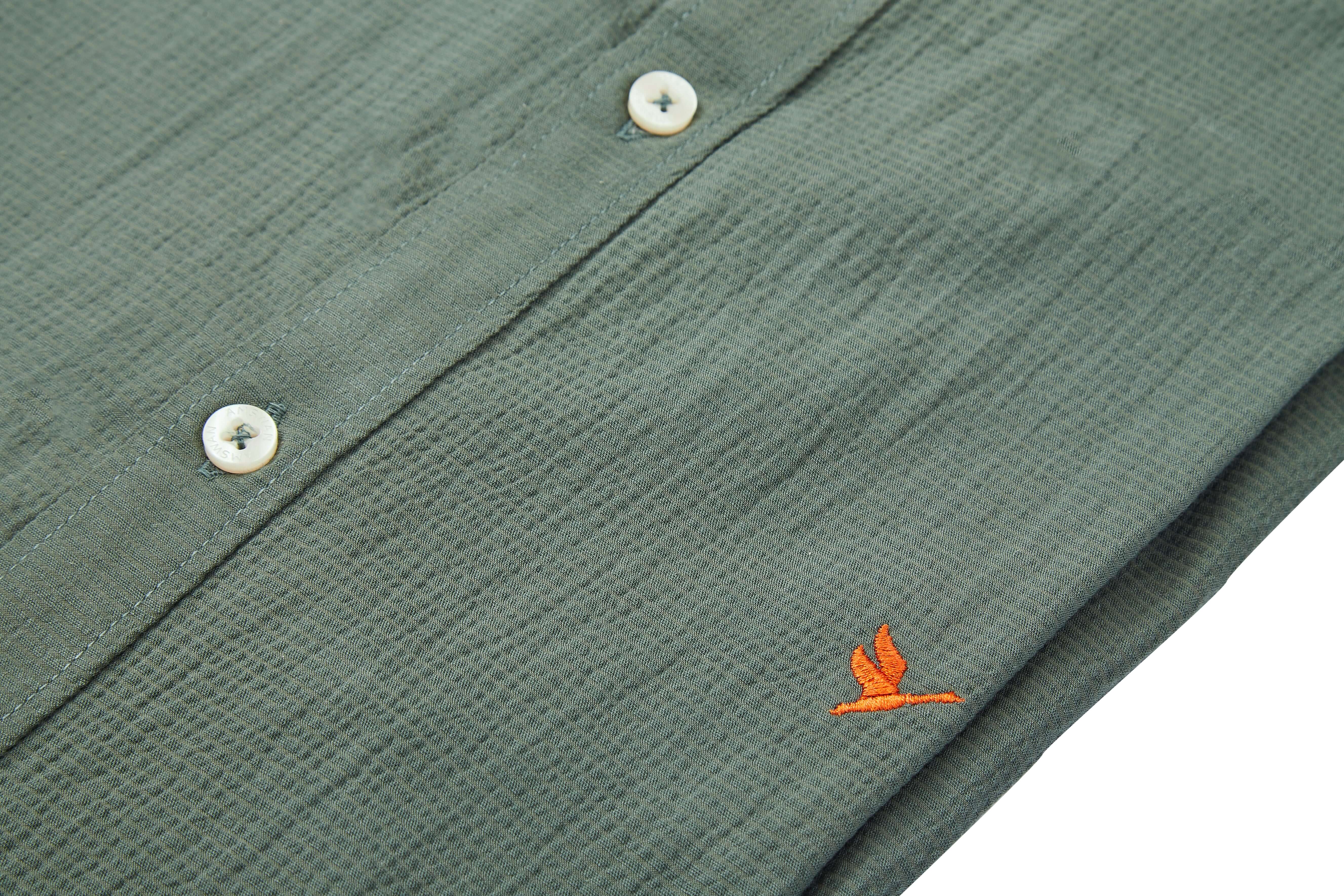 Amswan Premium Men'S Green Crinkle Cotton Shirt - Mandarin Collar, Long Sleeves