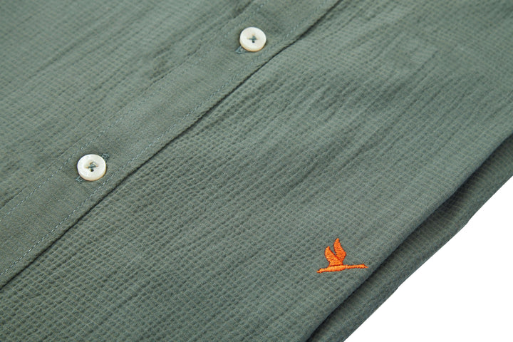 Amswan Premium Men'S Green Crinkle Cotton Shirt - Mandarin Collar, Long Sleeves