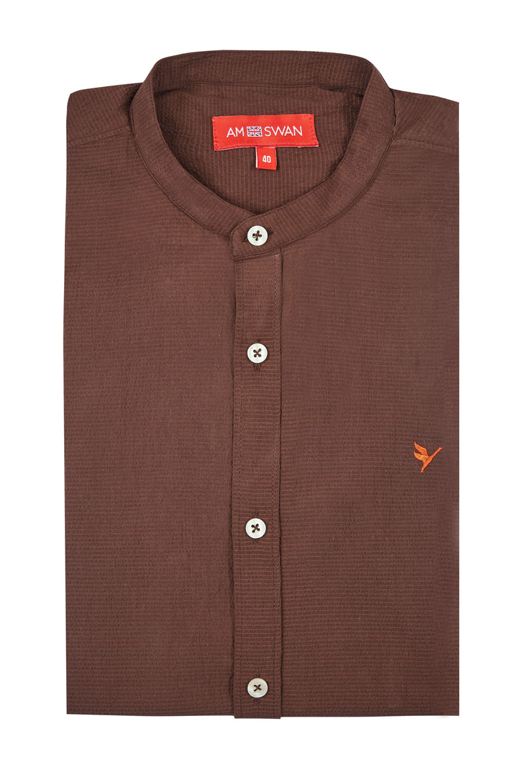 Premium Men'S Brown Crinkle Cotton Shirt - Mandarin Collar, Long Sleeves