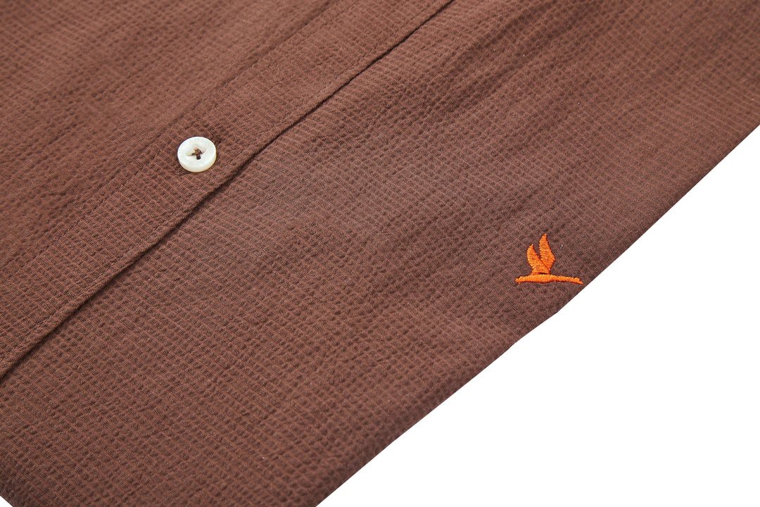 Premium Men'S Brown Crinkle Cotton Shirt - Mandarin Collar, Long Sleeves