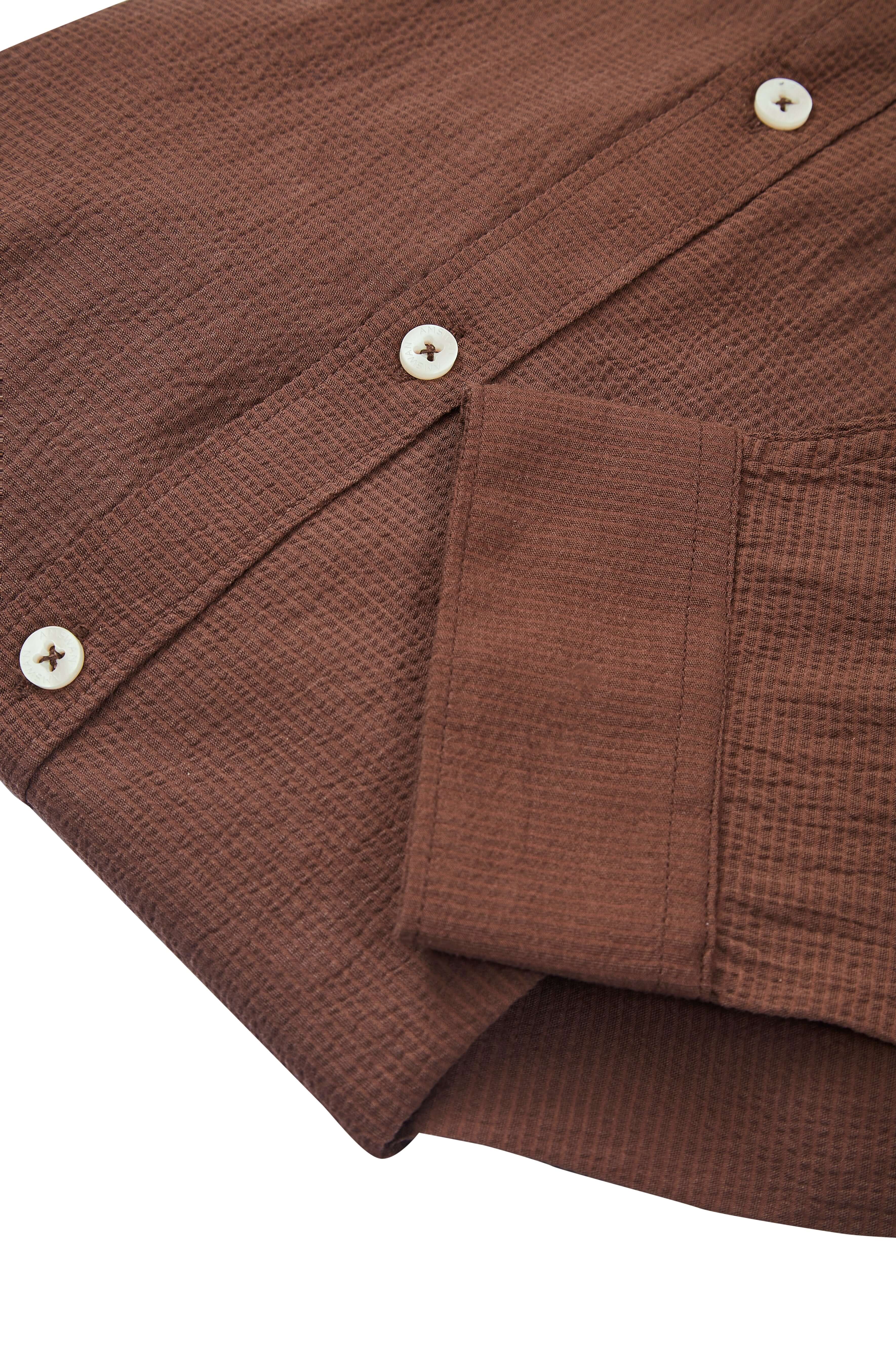 Premium Men'S Brown Crinkle Cotton Shirt - Mandarin Collar, Long Sleeves