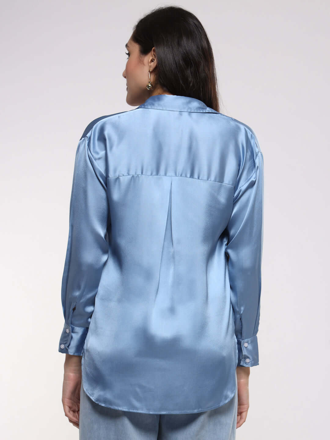 Women'S Premium Marble Blue Drop Shoulder Oversized Satin Shirt