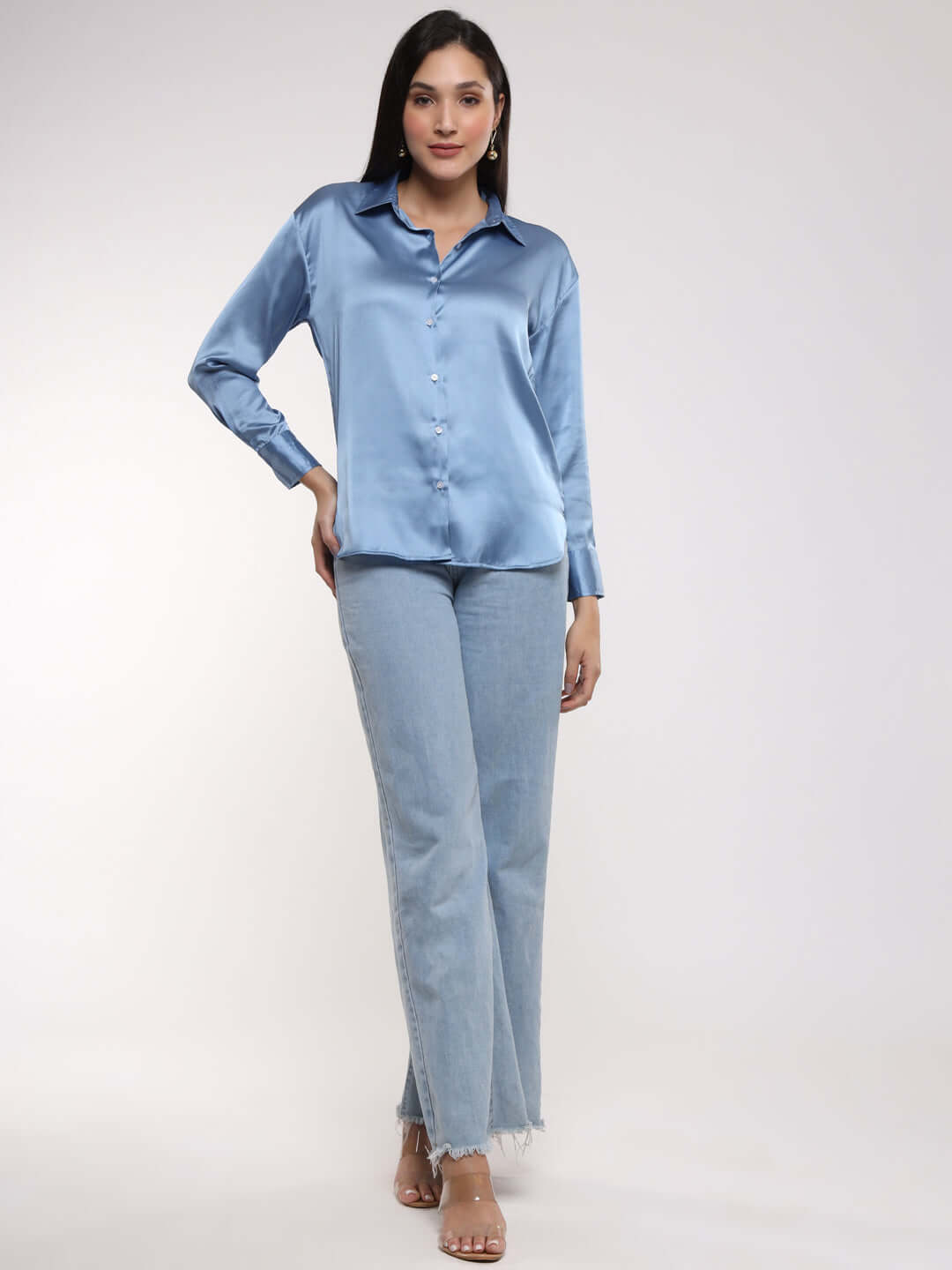 Women'S Premium Marble Blue Drop Shoulder Oversized Satin Shirt