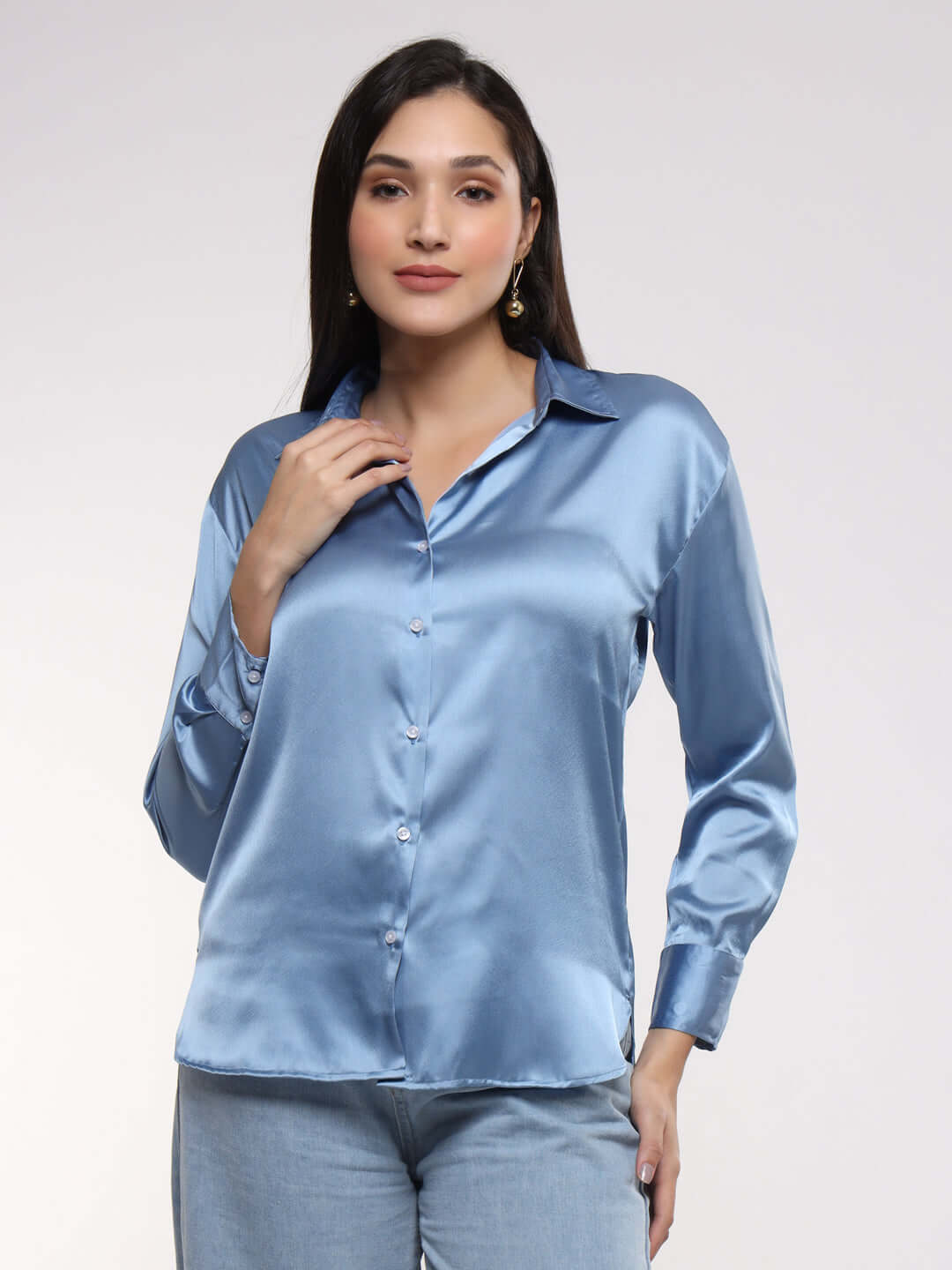 Women'S Premium Marble Blue Drop Shoulder Oversized Satin Shirt