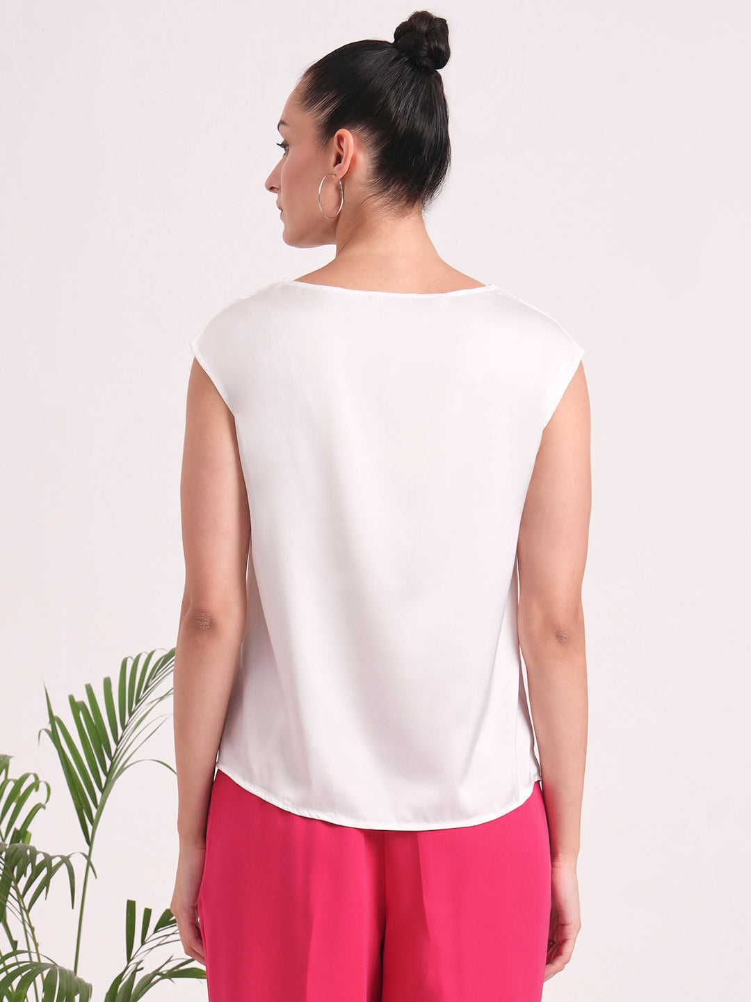 European Satin Solid Crew Neck Top